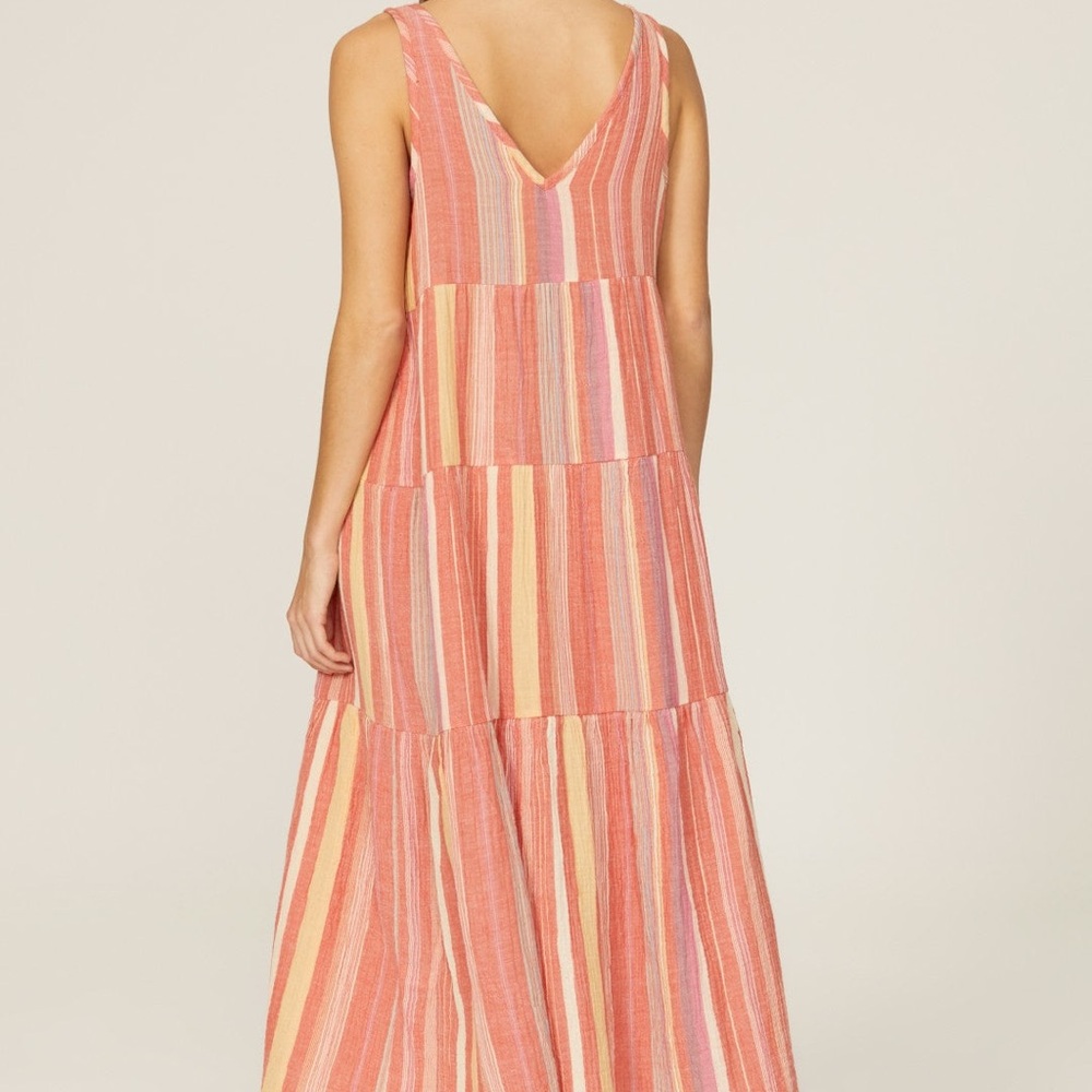 Marine Layer Corinne Striped Maxi Dress Pink Orange Tiered Boho Pocket Size L - Picture 3 of 9